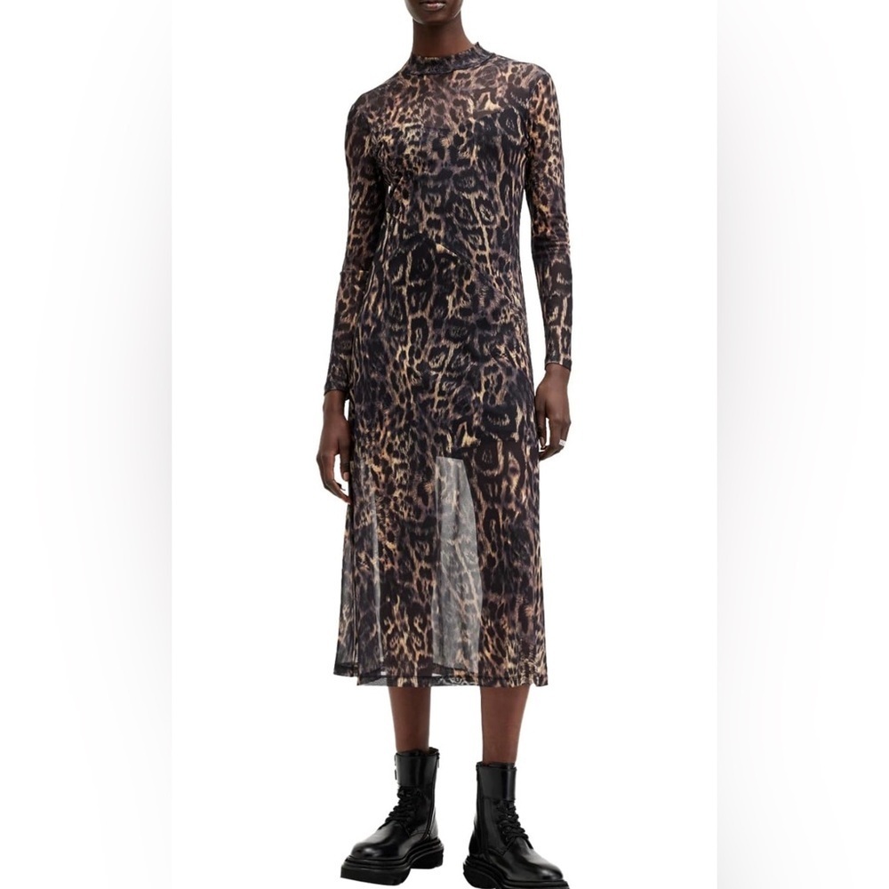 All Saints Hanna Mesh Dress Size 12 Leopard Print Long Sleeve NWT Mesh